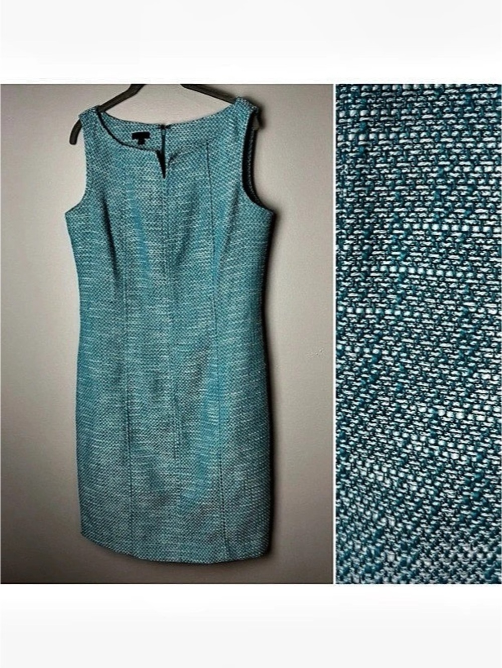 Talbots Tweed Sheath Dress Size 12 Turquoise White Sleeveless Textured Career